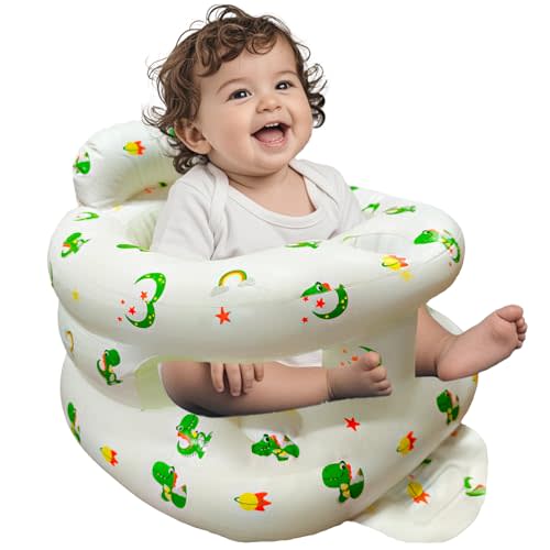 Inflatable Baby Seat for Babies 3-36 Months, Baby Chair with Fence & Built in Air Pump, Blow Up Floor Seat with Back Support, Inflatable Infant Chair Sit Me Up for Home, Travel Green Dinosaur