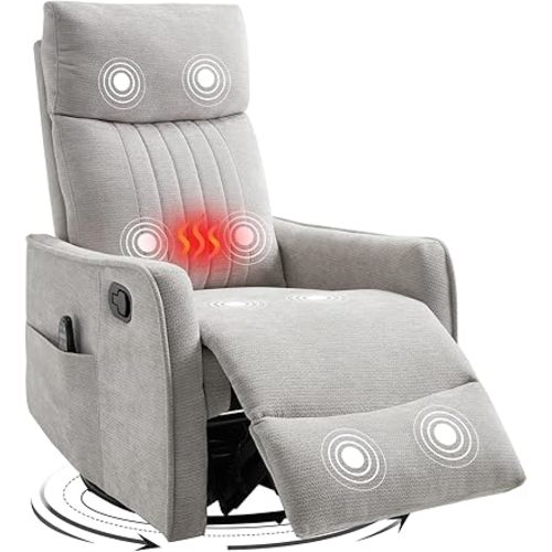 Swivel Rocker Recliner Chair, 360° Swivel Recliner with Heat and Massage, Rocker Recliner Nursery Glider Chair with Side Pockets for Living Room (Light Grey, Fabric)