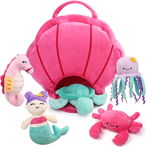 BenBen Ocean Stuffed Animal, 5 Pack Small Sea Creature Plush Toys and Shell Carrying Bag Set, Cute Plushies for Baby Kids, Sea Turtle, Octopus, Mermaid, Seahorse, Crab, Baby Shower, Stocking Stuffers