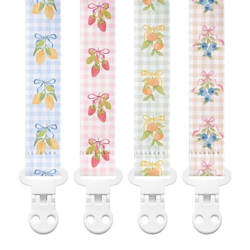Stadela Baby Fabric Pacifier Clip Holder, Plastic Clip, 4‑Pack, Fruits Pattern, Clementine Set