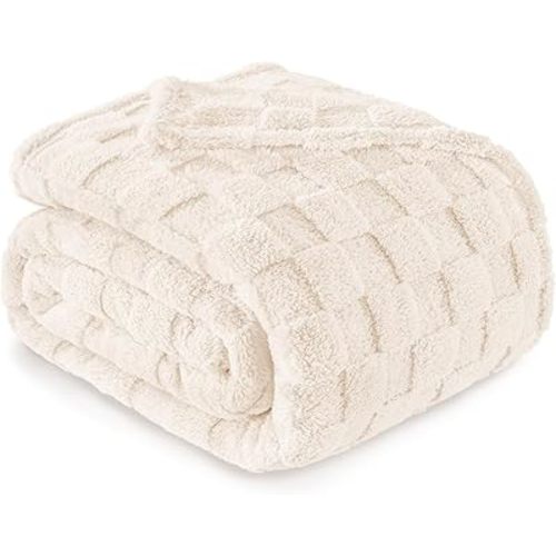 Exclusivo Mezcla King Size Flannel Fleece Blanket, Super Soft and Warm Lightweight Checkered Pattern Blankets for All Seasons, 90x104 Inches, Ivory