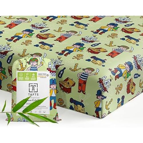 Tafts 100% Viscose Fitted Crib Sheets, Girls, Boys & Unisex, 8 Inch Deep Pocket, Standard Crib & Toddler Mattress, Cooling, Soft, 360 Elastic, Lifetime Quality (28 x 52 Pirate)