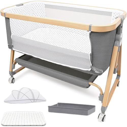 Baby Bassinet Bedside Sleeper CPSC Certified 3-in-1 Portable Crib with 4in Large Wheels 6 Height Adjustable Includes Mosquito Net Mattress Storage Basket Aluminum Alloy Woodgrain Gray