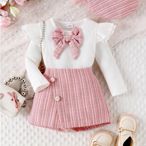 2pcs/Set Baby Girls' Elegant Collegiate Style Sweet Long Sleeve Top & Shorts With Hat, Spring/Autumn