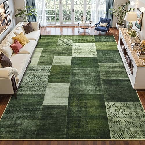 DweIke Washable Area Rugs 8x10 for Living Room, Large Modern Geometric Green Soft Patchwork Carpet, Non-Slip Stain Resistant Throw Rug for Bedroom Dining Room Office Home Decor