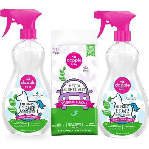 Dapple Baby All Purpose Cleaning Spray, Hypoallergenic for Toys, High Chairs, Swings, Counters, Powered by Plants, 1 Pump Included, Fragrance Free, 16.9 Fl Oz (Pack of 2) + 30 Count Wipes
