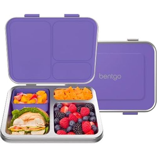 Bentgo Kids Stainless Steel Leak-Resistant Lunch Box - 3-Compartments with Bonus Silicone Container, Durable, Eco-Friendly, Dishwasher Safe, BPA-Free, Ideal for School, Ages 3+ (Purple)