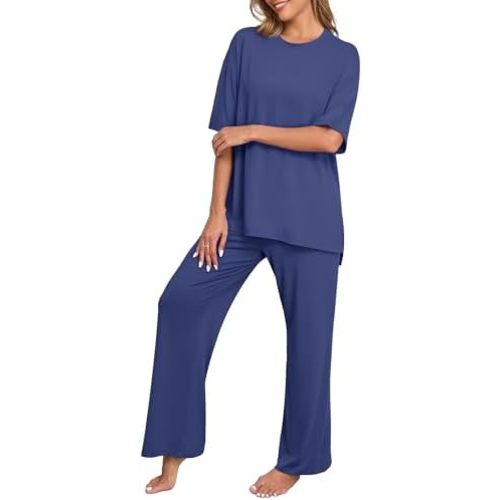 PrinStory Womens Pajamas Sets 2 Piece Lounge Set Short Sleeve Tops and Long Pants Soft Pjs Loungewear with Pockets