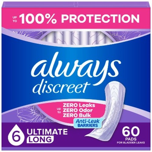 Always Discreet Incontinence and Postpartum Incontinence Pads for Women - Extra Heavy Absorbency - Long Length - 60ct