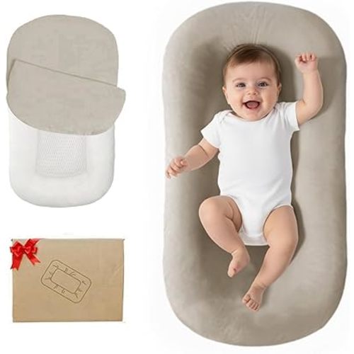 Lucakuins Baby Lounger, Bionic Design Baby Lounger for Newborn 0-24 Months, Soft Organic Cotton Breathable Lounger for Infants (Cream Gray Lounger)