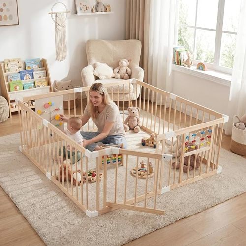 Costzon Wooden Baby Playpen for Babies, 63" x 63" Adjustable Multi-Shape 8 Panels Large Play Yard for Infants and Toddlers, Foldable Indoor Fence Activity Center