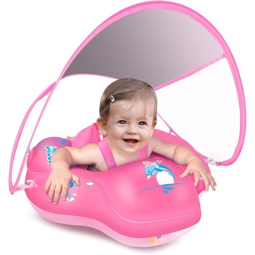 LAYCOL Baby Swimming Float Inflatable Baby Pool Float Ring with Sun Protection Canopy,add Tail no flip Over for Age of 3-36 Months