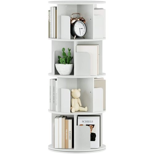 OTK Rotating Bookshelf, 360° Display Standing Book Shelf Organizer, 4 Tier Wooden Corner Bookshelves for Small Space, Small Bookcase Storage Rack for Kids' Room, StudyRoom, Bedroom, White