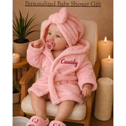 Personalized Baby Girl Spa Robe Set, Custom Name Infant Robe Slippers Headband