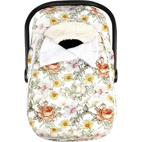 HNHUAMING Baby Car Seat Cover Winter, Super Warm Baby Carseat Cover for Girl Boy, Plush Fleece Infant Car Seat Cover, Double Sides Zipper Carseat Canopy Covers, Purple Floral, Yellow Vintage Floral