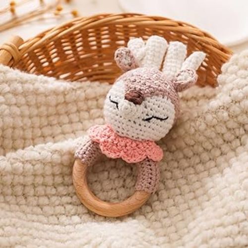 Wooden Baby Rattle，Crochet Deer Rattle with Wood Ring, Newborn Wooden Animal Rattle Toy，Infant Pink Deer Wood Rattle Toys