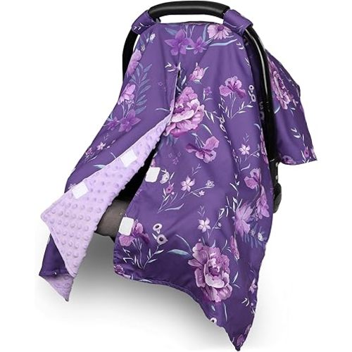 Baby Car Seat Cover for Boys Girls, Winter Infant Carseat Cover for Babies, Peekaboo Opening Nursing Cover Carseat Canopy, Warm Carrier Cover for Newborn, Purple Flower