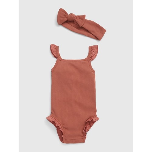 Baby Ribbed Shorty Outfit Set in cedar wood brown