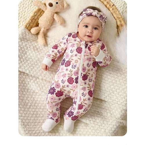 Newborn Baby Girl Cute Floral Knitted Long Sleeve Romper With Headband, Autumn/Winter | SHEIN EUR