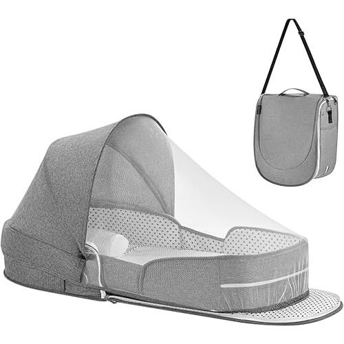 Portable Bassinet for Baby Travel Lounger Foldable Baby Co-Sleeping Bed with Mosquito net + Cool mat Carry Bag & Storage Pocket (Gray)