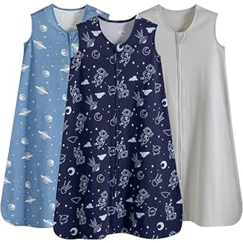 PHF Soft Baby Sleep Sack 6-12 Months 100% Organic Cotton Wearable Blanket, 2-Way Zipper 0.5 TOG Toddler Sleeping Sack 3 Pack, Comfy Sleep Bag for Baby Boys Girls, Navy Space (Medium)