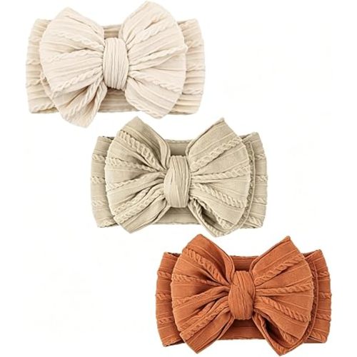 Baby Bows Headbands Soft Nylon Handmade Hair Accessories for Newborn Infant Toddler Kids (3 Mixed Brown, Large)