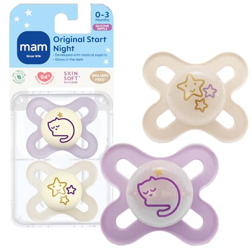MAM Original Start Night Baby Pacifiers 0-3 Months Newborns, BPA-Free Skin Soft Silicone Nipple, Glows in The Dark, Developed with Medical Experts, 2 Count with Sterilizer Case