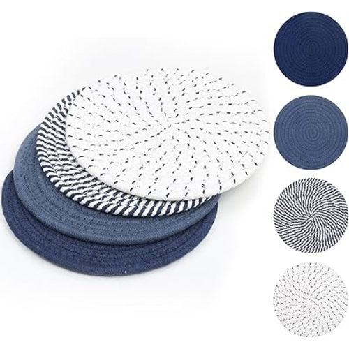 SHACOS 8 Inches Trivets for Hot Dishes, 4 Pieces Cotton Trivets Mats for Kitchen, Hot Pads for Countertops and Table, Heat-Resistant Pot Holders for Hot Pots and Pans(Blue, 4pcs)