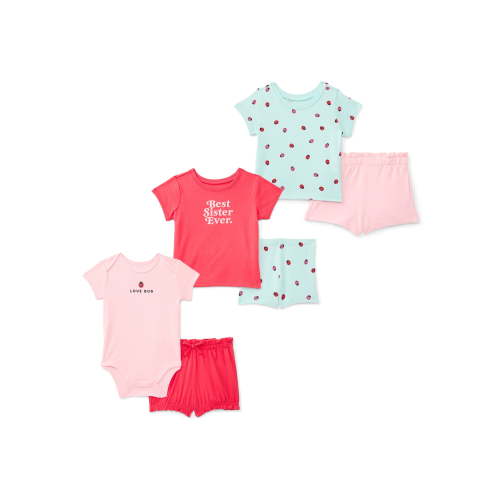 Wonder Nation Baby Girls Graphic Tee and Shorts Outfit Set, 6-Piece, Sizes 0M-24M