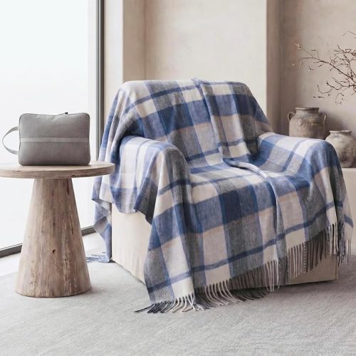 Soft Pure Wool Throw Blanket, Lightweight Warmth, 55"x83", Plaid, Fringe, Compact with Bag, Useful Gift for Women Men, All Season Decorative Cozy Travel Blanket for Couch Bed, Outdoors
