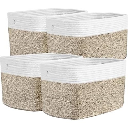 Storage Baskets for Organizing, 14 x 10 x 9” Closet Shelf Woven Baskets, Square Bins with Handles, Cotton Rope Basket for Clothes, Office, Room, White+Rice Brown 4 Pack