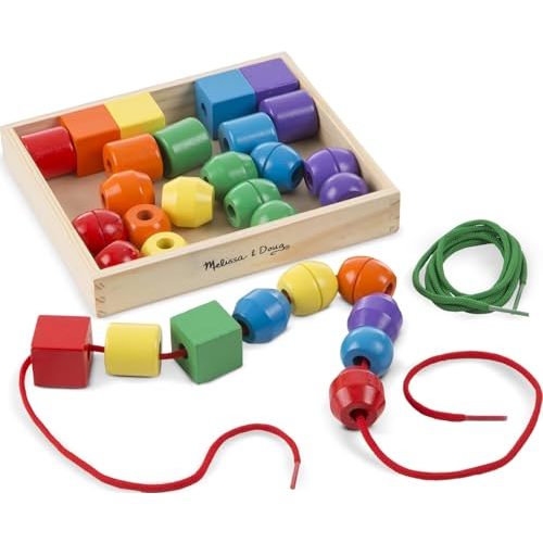 Melissa & Doug Primary Lacing Beads - Educational Toy with 30 Wooden Beads and 2 Laces for Toddlers, Fine Motor Skills Lacing Toys for Toddlers and Kids Ages 3+ | 33 Pcs, 30 Painted Wooden Beads, 2 Laces, Storage Case, Fine Motor Sorting Play, Preschoo...