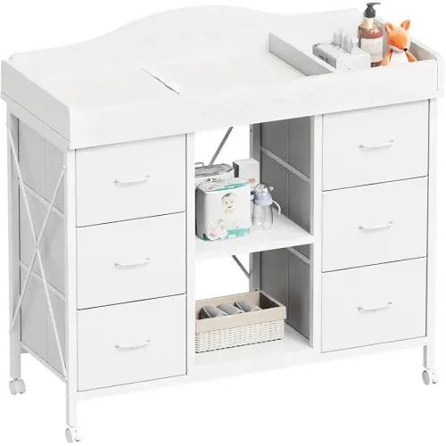 Changing Table, 6-Drawer Baby Dresser with Changing Table top, Waterproof Diaper Changing Station & Pad, 2 Height-Adjustable Open Storage Shelves, Mobile Nursery Organizer, White
