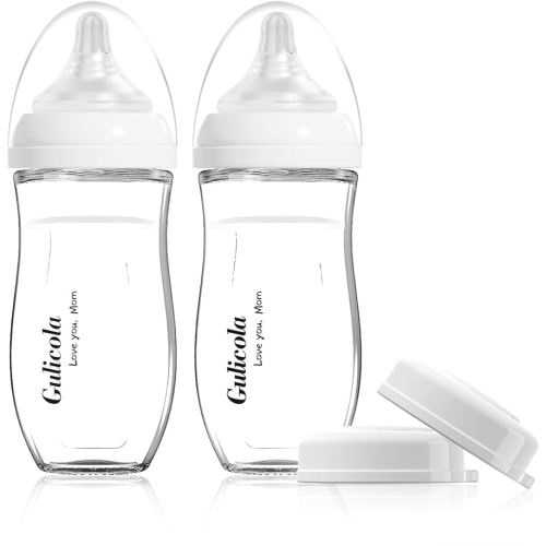 Gulicola Natural Glass Baby Bottle for Breastfed Babies, Anti-Colic Baby Bottle Set with Medium Flow Nipple, 3 Months +, 8 oz, 2 Pack - White