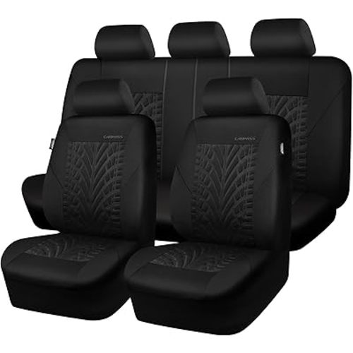 CAR PASS Car Seat Covers Full Sets, Front & Split Rear Bench for Car, 3D Tyre Embossed Automotive Interior Covers, Airbag Compatible, Quick Setup Universal Fit Seat Covers for Car, SUV(All Black)