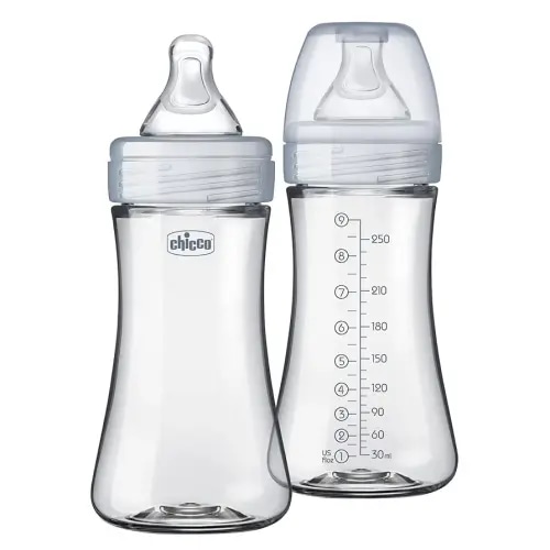 Chicco Duo 9oz. Hybrid Baby Bottle with Invinci-Glass Inside and Plastic Outside | Dishwasher, Bottle Warmer, and Electric Sterilizer Safe | Intui-Latch Nipple | Clear/Grey, 2pk