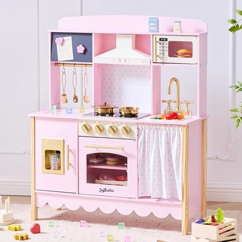 Wooden Play Kitchen for Toddlers, Modern Kids Kitchen Playset with Realistic Lights & Sounds, Toy Kitchen Set with 25 Pcs Accessories, Pretend Play for Girls & Boys Ages 3+, Pink
