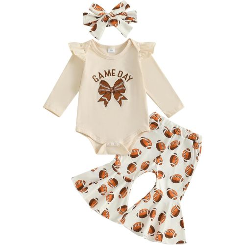 KMBANGI My First Football Season Baby Girl Clothes Ruffle Sleeves Bow Embroidered Romper Flare Pants Infant Game Day Outfit