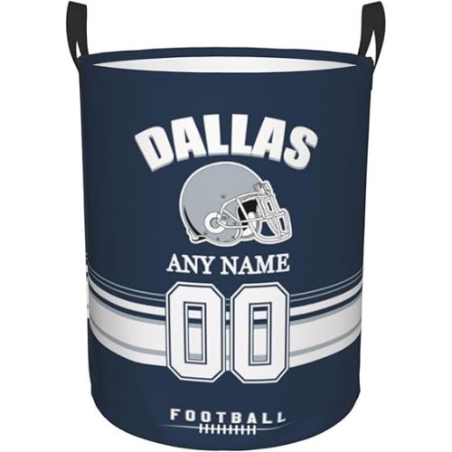 Dallas Laundry Hamper, Personalized Football Style Laundry Basket, Custom Name and Number Collapsible Storage Basket with Handle Gift for Bedroom Bathroom