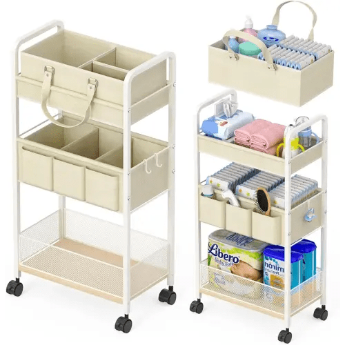 2In1 Baby Diaper Caddy & 3-Tier Rolling Cart, Diaper Caddy Organizer Carts with Dividers, Mobile Metal Utility Cart for Nursery Essentials, Detachable Bedside Cart, Large Capacity, White