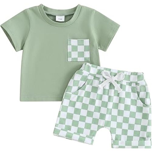 Karuedoo Baby Boy Girl Summer Outfits Checkered Plaid Short Sleeve T-Shirt Top Shorts Set Trendy Toddler Checkerboard Outfit