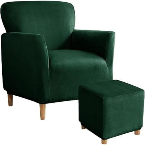 UNBBRRL Armchair and Ottoman Covers Set, Matching Accent Chair and Ottoman Slipcovers Square Stretch Velvet Non-Slip for Living Room (Dark Green, Armchair+Ottoman Square L)