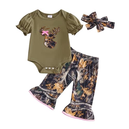 Newborn Baby Girl Hunting Clothes Deer Puff Short Sleeve Romper Jungle Camo Flare Pants Set 3 Piece Summer Outfit