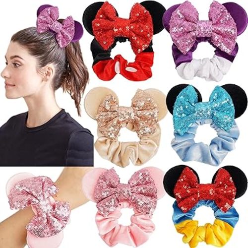 6 Pack Mouse Ears Scrunchies Velvet Sparkle Sequin Mouse Bows Hair Scrunchies Hair Ties Elastic Rubber Bands Ponytail Holders for Kids Women Girls Christmas Party Decoration