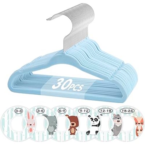 VIS'V Baby Hangers, 11 Inch Velvet Kids Hangers with 6 Pcs Clothes Size Dividers, Infant Toddler Nursery Closet Organization, Non Slip, Blue, 30 Pcs
