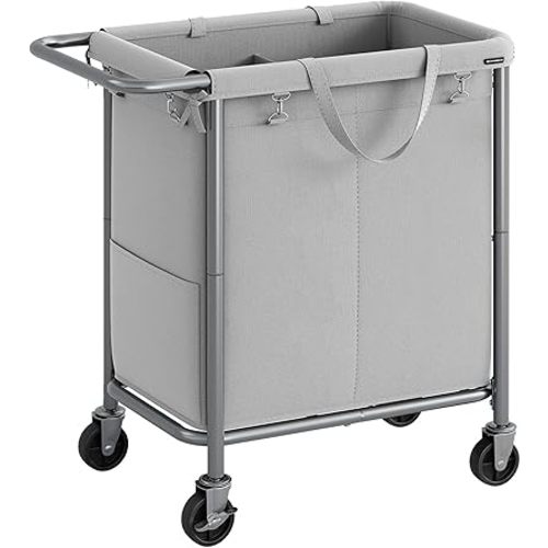 SONGMICS Laundry Basket with Wheels, 2-Section Rolling Laundry Hamper, 37 Gallons (140L), Removable Liner, Steel Frame with Handle, Blanket Storage, 27.2 x 15.4 x 31.9 Inches, Dove Grey URLS004G01