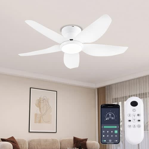 GJeg Ceiling Fans with Lights, 43 Inch Low Profile Ceiling Fan with Light and Remote/App Control, Flush Mount, Reversible DC Motor, 3CCT, Dimmable, Noiseless, White Ceiling Fan for Indoor/Outdoor Use