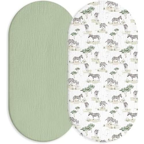 Muslin Bassinet Fitted Sheets, 2 Pack for Baby Boy and Girl, Soft Breathable Baby Pad/Mattress Sheet, Fit for Hourglass Oval and Rectangle Bassinet Mattress (Cute Zebra)