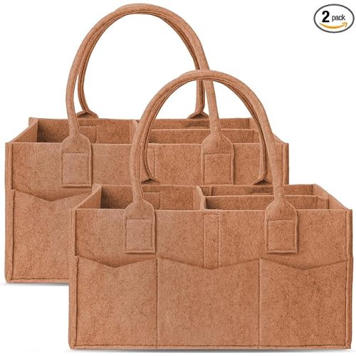Cute Castle 2 Pack Diaper Caddy Organizer - Portable Baby Caddy Organizer with Handle, Nursery Storage Bin and Car Organizer for Girls, Boys - Baby Gift Basket - Caramel