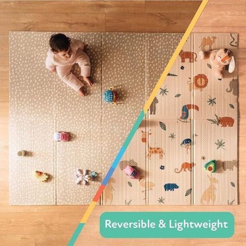 Nuby Reversible Baby Floor Mat, 77" x 58" - Foldable and Lightweight Baby Play Mat for Floor - Easy Storage and Travel - Safari